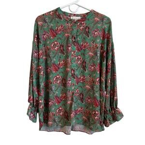 Gibson Latimer Top Women L Green Floral Button Long Ruffle Sleeve Spring Novelty